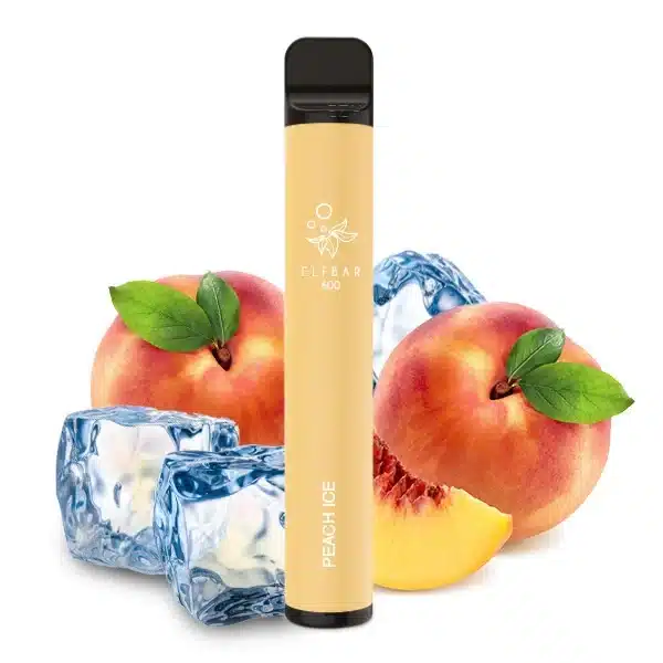 Elfbar Peach Ice Produktbild mit Pfirsichen und Eiswürfeln im Hintergrund