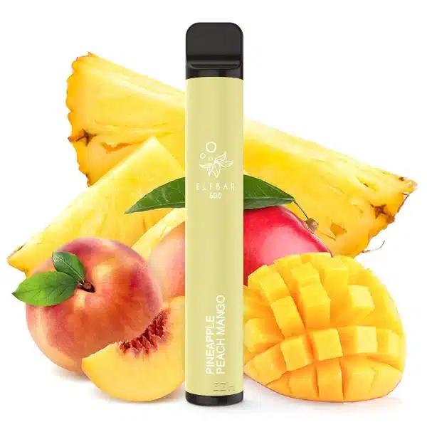 Elfbar Pineapple Mango Peach Produktbild mit exotischen Früchten im Hintergrund