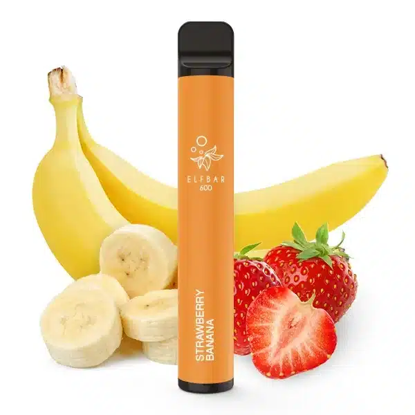 Elfbar Strawberry Banana Produktbild mit Bananen und Erdbeeren im Hintergrund