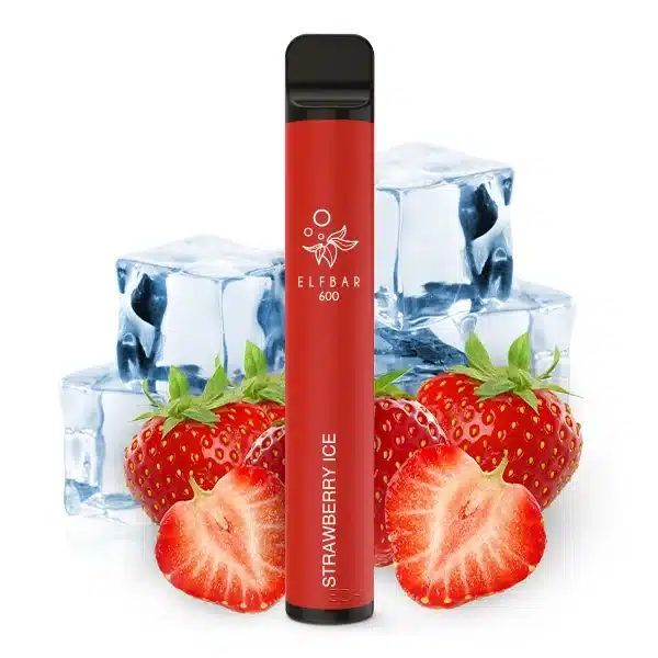 Elfbar Strawberry Ice Produktbild mit Erdbeeren und Eiswürfeln im Hintergrund