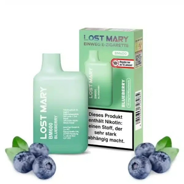 Lost Mary Blueberry Produktbild mit Produkt abgebildet im Vordergrund und Blaubeeren im Hintergrund