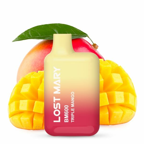 Lost Mary Triple Mango Produktbild mit aufgeschnittener Mango im Hintergrund