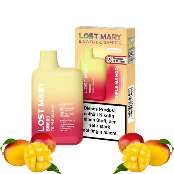 Lost Mary Triple Mango Produktbild mit aufgeschnittener Mango im Hintergrund