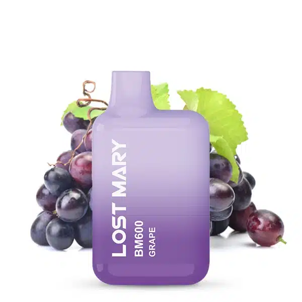 Lost Mary Grape Produktbild mit dem Produkt abgebildet und im Hintegrund frische rote Trauben
