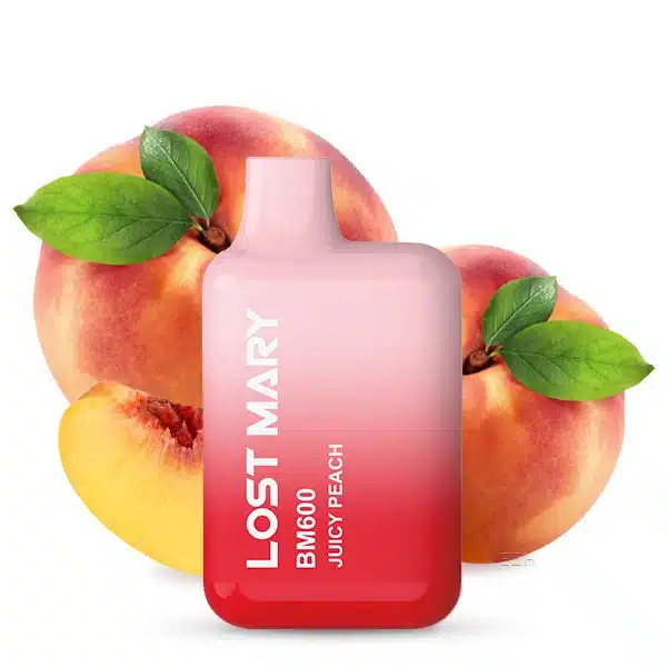 Lost Mary Juicy Peach Produktbild mit dem Produkt abgebildet und im Hintergrund aufgeschnittenen Pfirsichen