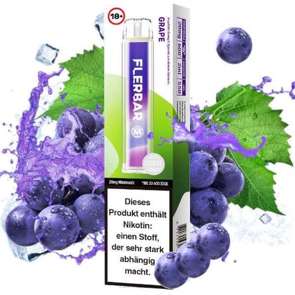 Flerbar Grape Produktbild mit saftigen Trauben im Hintergrund