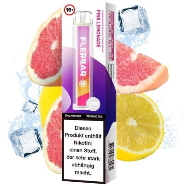 Flerbar Pink Lemonade Produktbild mit Zitrone und Eiswürfeln im Hintergrund