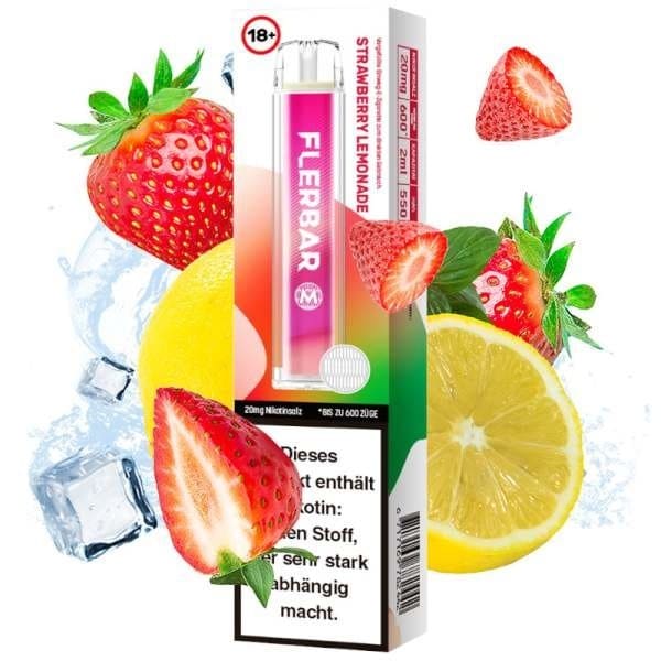 Flerbar Strawberry Lemonade Produktbild mit Erdbeere und Zitrone im Hintergrund