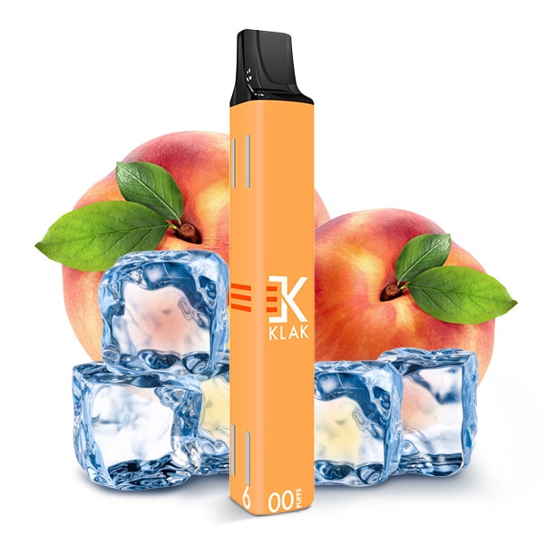 Klik Klak Peach Ice 20mg Produktbild mit Pfirsichen und Eiswürfeln im Hintergrund