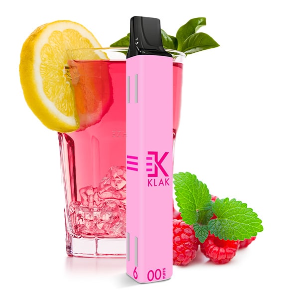 Klik Klak Raspberry Lemonade Produktbild mit Himbeer Limonade im Hintergrund