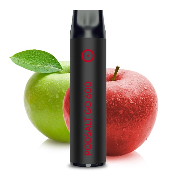 Pod Salt Double Apple Produktbild mit einem grünen und roten Apfel im Hintergrund