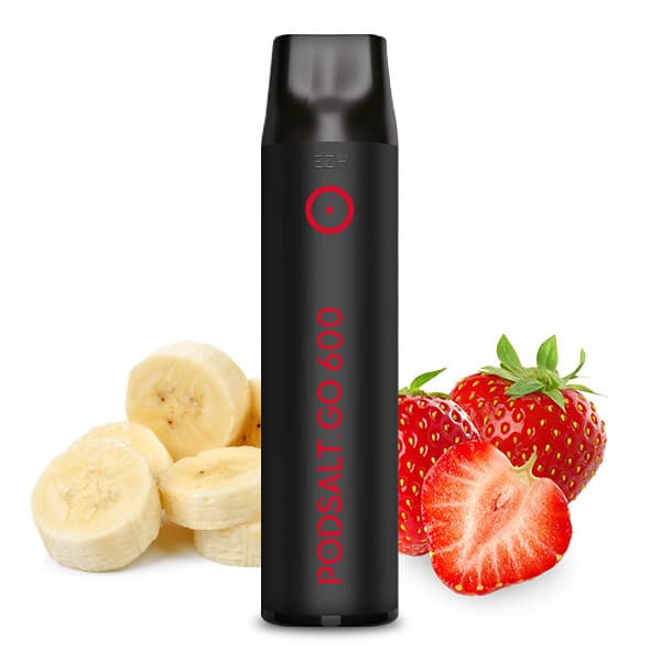 Pod Salt Strawberry Banana Produktbild mit Bananenscheiben und Erdbeeren im Hintergrund