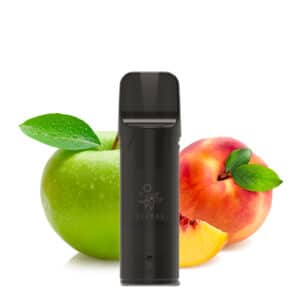 ELFA Pods Apple Peach abgebildet mit Apfel und Pfirsich im Hintergrund
