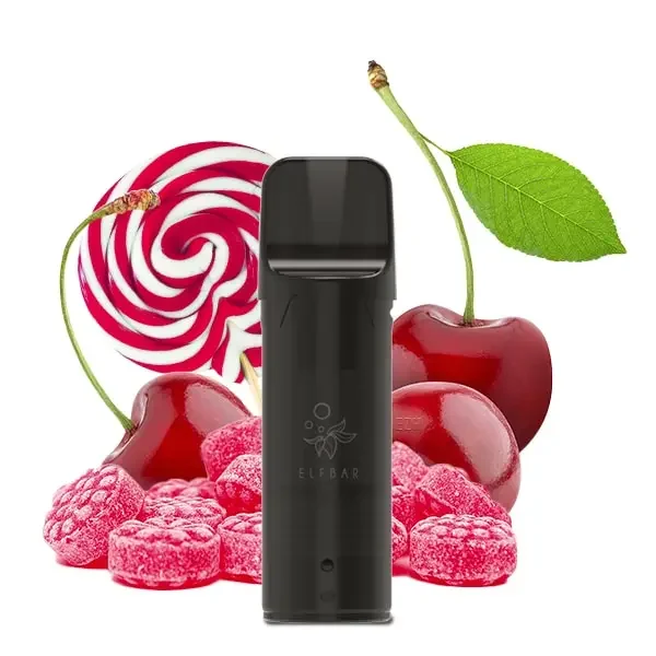 ELFA Pods Cherry Candy mit Kirschen und Süßigkeiten im Hintergrund