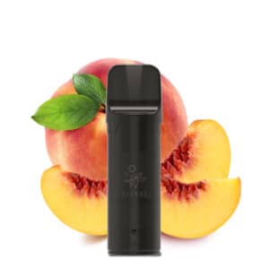 ELFA Pods Juicy Peach mit aufgeschnittenem Pfirsich im Hintergrund