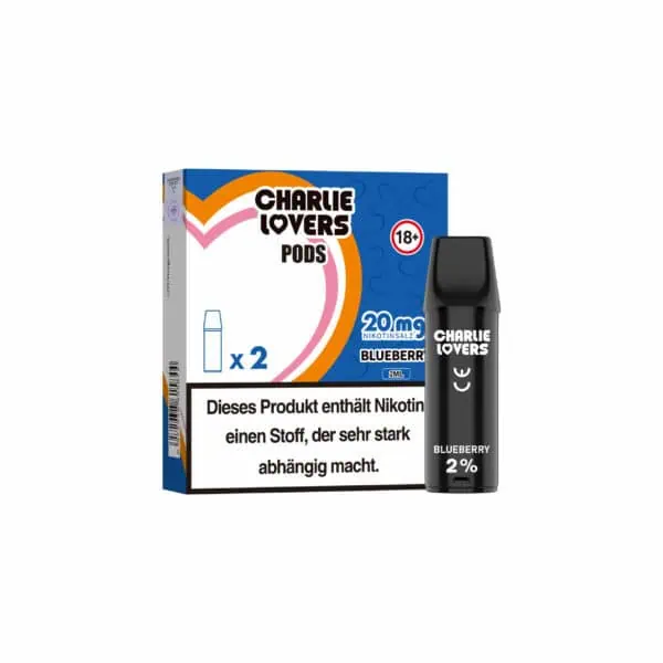 Charlie Lovers Blueberry Pods 20 mg/ml mit Verpackung abgebildet und mit dem süß-säuerlichen Geschmack von Blaubeere