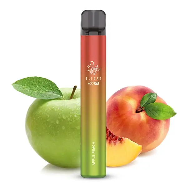 Elfbar V2 Apple Peach mit Pfirsich und Apfel im Hintergrund