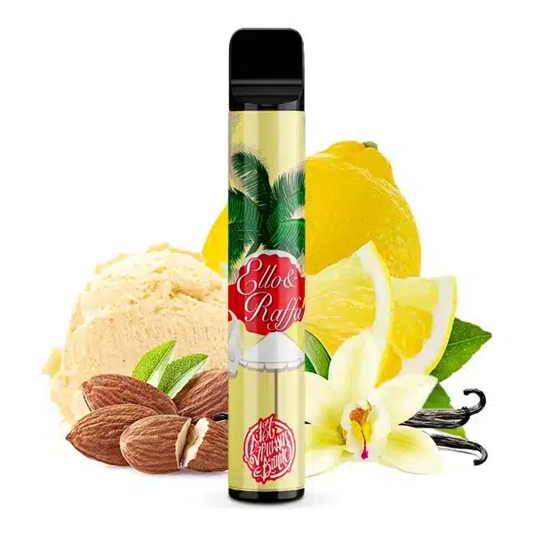 187 Ello & Raffa nikotinfrei Produktbild mit Mandel Vanille Eis und Zitrone im Hintergrund