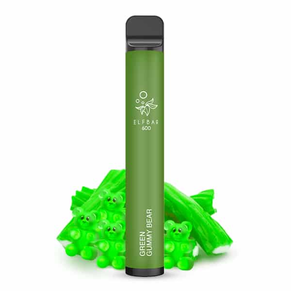 Bild mit Elfbar 600 Green Gummy Bear nikotinfrei im Hintergrund sind Grüne Gummibären.