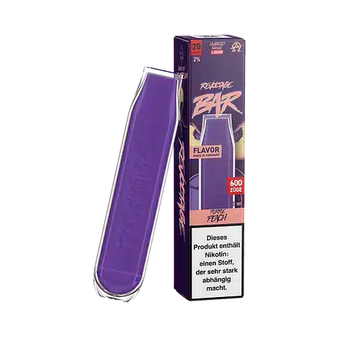 Bild mit Revoltage Purple Peach Nikotinfrei im Hintergrund ist die Verpackung.