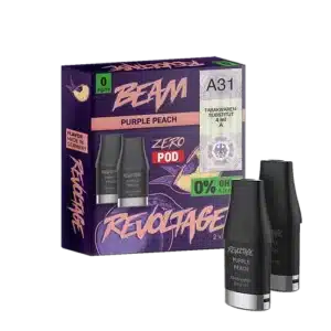 Bild mit Revoltage Purple Peach Pods Nikotinfrei im Hintergrund ist die Verpackung.