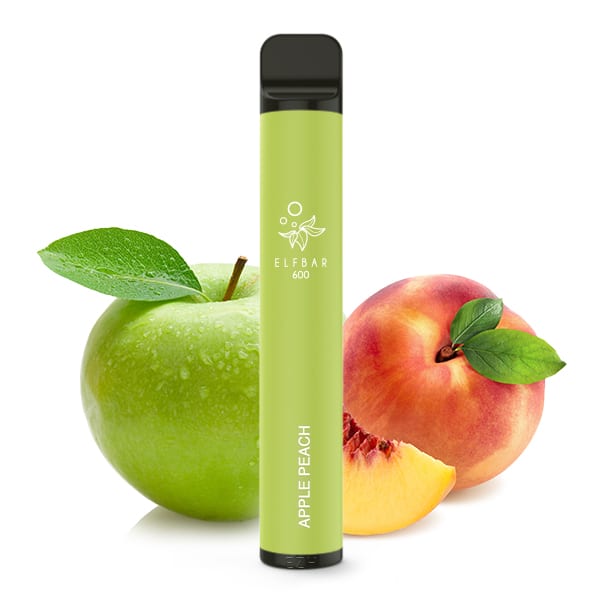 Bild mit Elfbar 600 Apple Peach nikotinfrei im Hintergrund sind Äpfel und Pfirsiche.