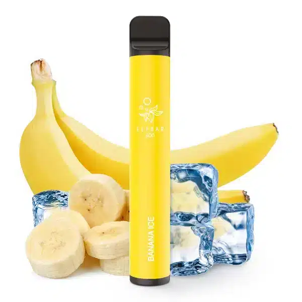 Bild mit Elfbar 600 Banan Ice Nikotinfrei im Hintergrund sind Bananen und Eiswürfel.