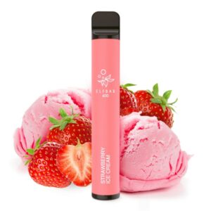 Bild mit Elfbar 600 Strawberry Ice Cream Nikotinfrei im Hintergrund sind Eiskugeln mit Erdbeeren.