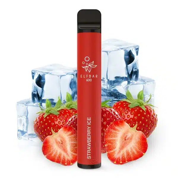 Bild mit Elfbar 600 Strawberry Ice nikotinfrei im Hintergrund sind Erdbeeren mit Eiswürfel.
