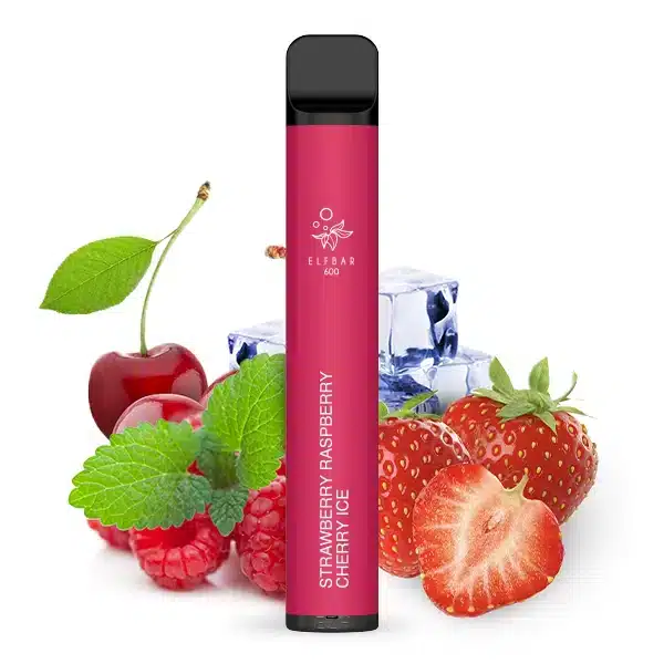 Bild mit Elfbar 600 Strawberry Raspberry Cherry Ice nikotinfrei im Hintergrund sind Erdbeeren, Kirschen mit Eiswürfel.