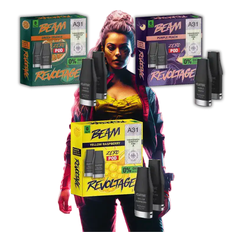Bild mit Revoltage Pods nikotinfrei im Hintergrund ist deine Frau abgebildet.