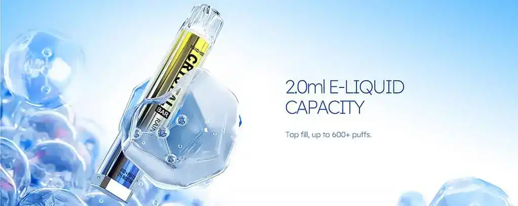 Vape Pen mit 2,0 ml E-Liquid Kapazität und über 600 Zügen, abgebildet auf einem Hintergrund mit Eiskristallen und einem blauen Farbton, der eine frische und erfrischende Atmosphäre vermittelt.