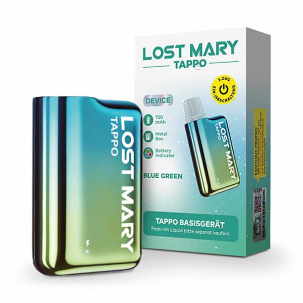 Bild mit Lost Mary Tappo Blue Green im Hintergrund ist die Verpackung.