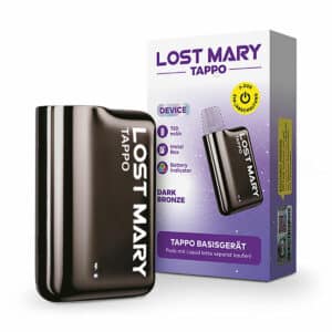 Bild mit Lost Mary Tappo Dark Bronze im Hintergrund ist die Verpackung.