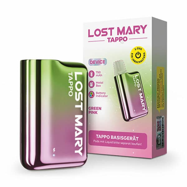 Bild mit Lost Mary Tappo Green Pink im Hintergrund ist die Verpackung.