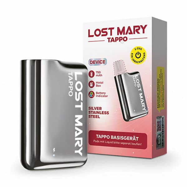 Bild mit Lost Mary Tappo Silver Stainless im Hintergrund ist die Verpackung.