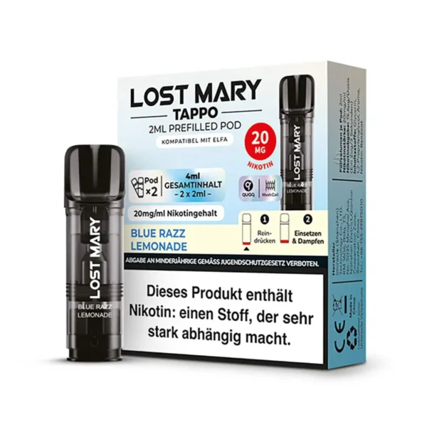 Bild mit Lost Mary Pods Blue Razz Lemonade im Hintergrund ist die Verpackung.