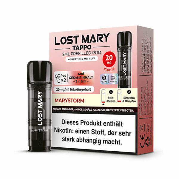 Bild mit Lost Mary Pods Marystorm im Hintergrund ist die Verpackung.