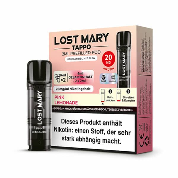 Bild mit Lost Mary Pods Pink Lemonade im Hintergrund ist die Verpackung.