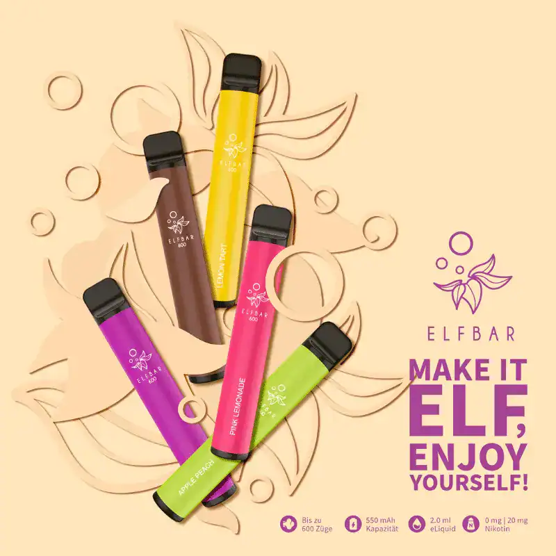 Bild mit mehreren Elfbar 600 im Hintergrund ist das Logo.