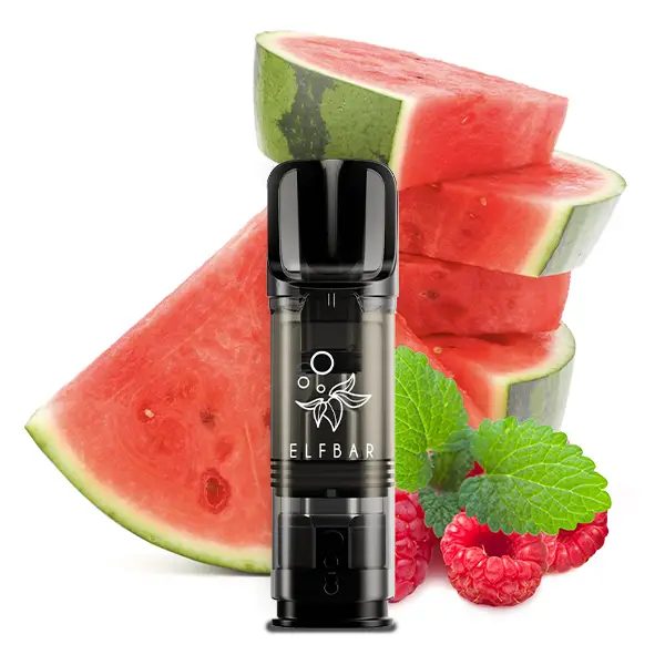 ELFA Pods Raspberry Watermelon abgebildet mit Wassermelonenscheiben und Himbeeren im Hintergrund