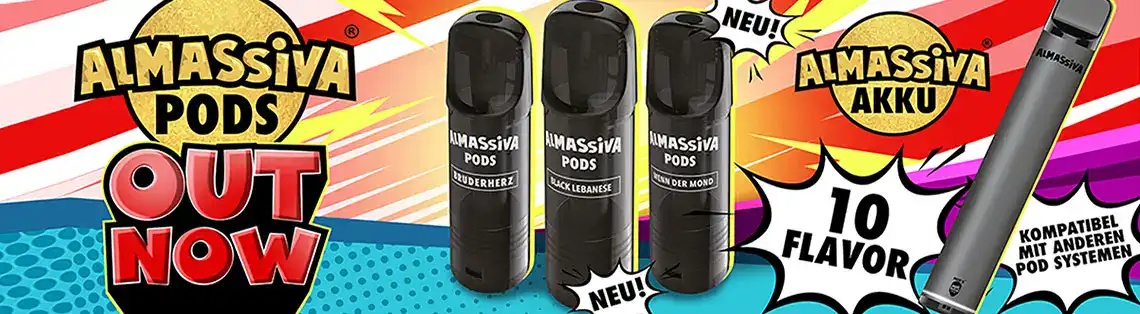 Almassiva Pods Out Now - Neue Pods mit 10 Geschmacksrichtungen, darunter Erdbeerherz, Black Lebanese und Van der Mond. Kompatibel mit verschiedenen Pod-Systemen. Almassiva Akku verfügbar für das perfekte Dampferlebnis.