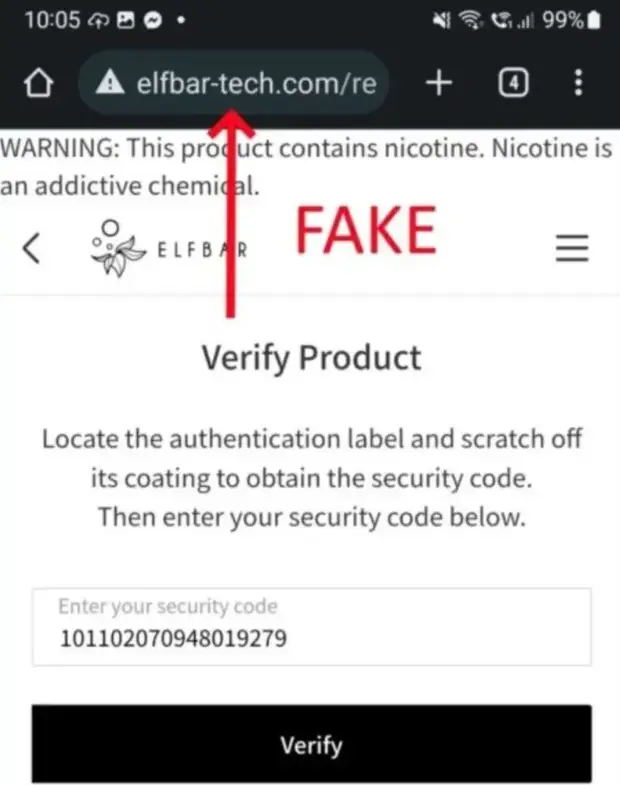 **Alternativtext:** Ein Screenshot zeigt eine gefälschte Website, die vorgibt, ein Produkt von Elfbar zu verifizieren. Die URL "elfbar-tech.com" wird als **FAKE** gekennzeichnet. Der Screenshot enthält eine Eingabeaufforderung für einen Sicherheitscode, um ein Produkt zu überprüfen, sowie die Warnung "This product contains nicotine. Nicotine is an addictive chemical." Ein roter Pfeil hebt die verdächtige URL hervor, um darauf aufmerksam zu machen, dass es sich um eine Fälschung handelt.