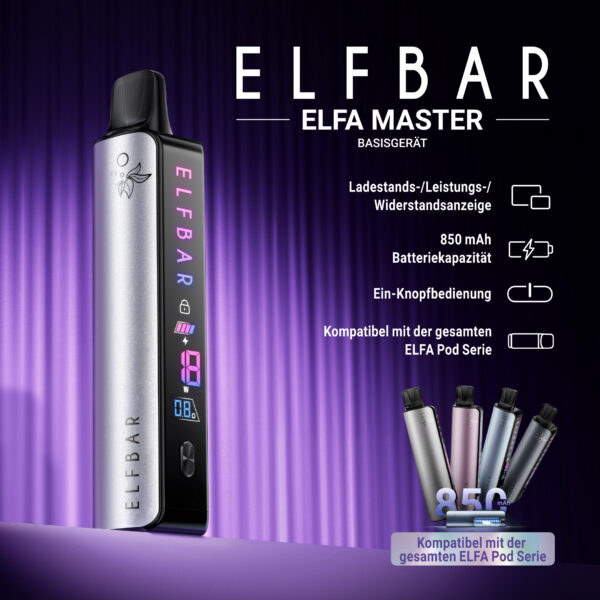 Elfbar ELFA Master Banner mit Technischen Details des Basisgeräts und die verschiedenen Farboptionen