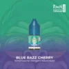 Das Bild zeigt eine Flasche des E-Liquids "Blue Razz Cherry" von RandM Tornado. Die Flasche enthält 10 ml E-Liquid mit einer Nikotinstärke von 20 mg/ml und ist mit einem grünen Hintergrund sowie einer Abbildung eines Affen-ähnlichen Charakters versehen. Der Name "Blue Razz Cherry" ist auf der Flasche prominent abgebildet, was auf die fruchtige Mischung aus blauen Himbeeren und Kirschen hinweist.