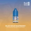 RandM Tornado E-Liquid - Bluesour Raspberry 20mg/ml E-Liquids mit einer Nikotinstärke von 20mg/ml. Die Flasche enthält 10ml Liquid und präsentiert eine Mischung aus blauen Himbeeren und einer spritzigen sauren Note. Der Hintergrund zeigt einen sanften Farbverlauf von Blau zu Orange, und im oberen Bereich ist das RandM Tornado-Logo sichtbar.