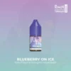 Das Bild zeigt eine Flasche des **RandM Tornado - Blueberry On Ice E-Liquids** mit einer Nikotinstärke von 20mg/ml. Die Flasche enthält 10ml Liquid und präsentiert eine Mischung aus süßen Blaubeeren und einer kühlen Eiskomponente. Der Hintergrund des Bildes zeigt einen sanften Farbverlauf von Blau zu Lila, und das RandM Tornado-Logo ist im oberen rechten Bereich sichtbar.