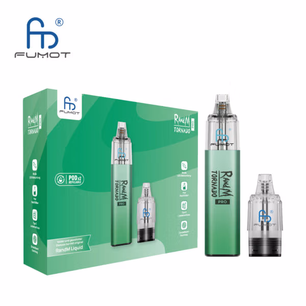Produktbild vom RandM Tornado Pro POD-Kit mit Verpackung, Basisgerät und zwei leeren Pods – ideal für flexibles Dampfen mit individuellem Liquid.