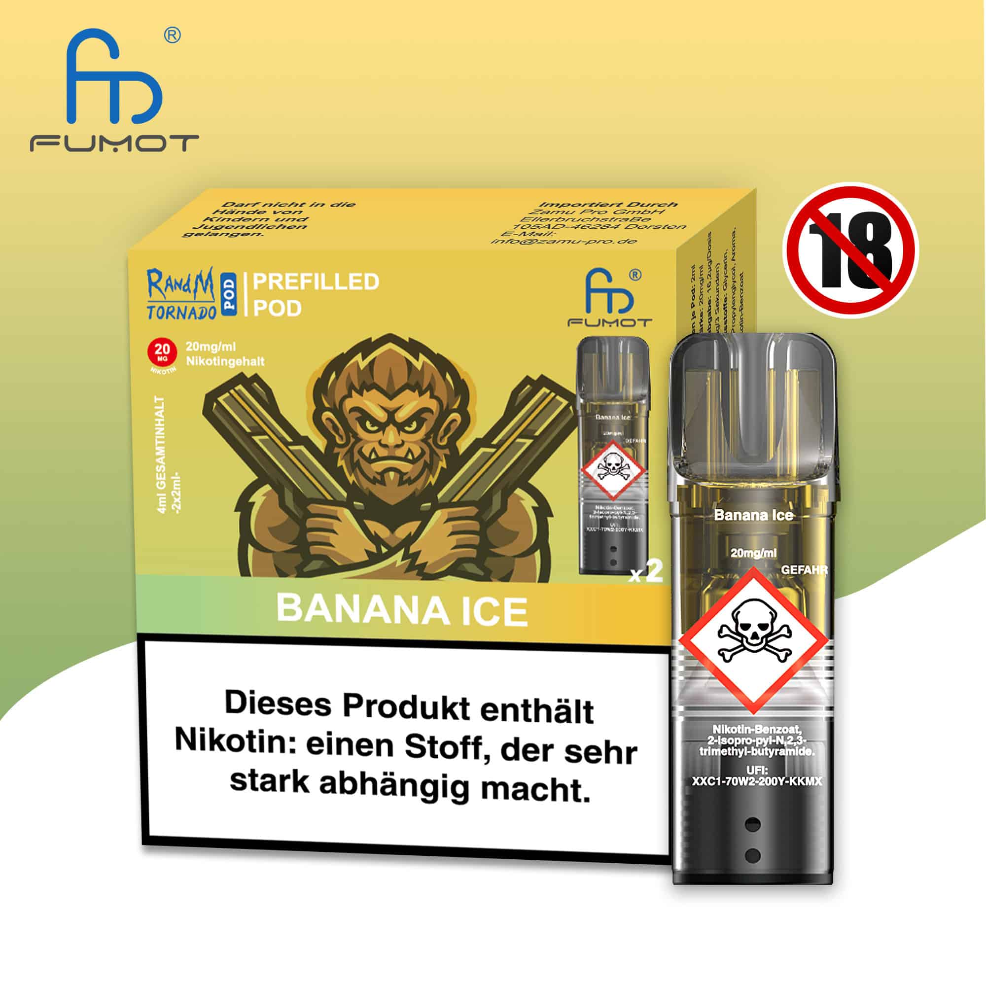 RandM Tornado Pods Banana Ice: Gelber Pod mit Bananen-Ice-Geschmack, Logo und 20mg Nikotin, umgeben von Bananenscheiben.