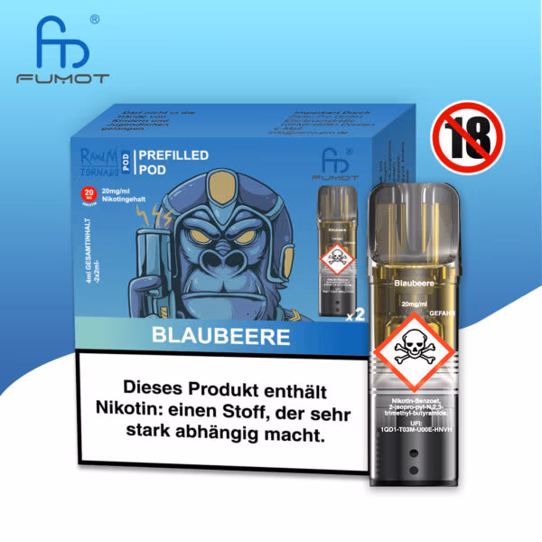 RandM Tornado Pods Blaubeere: Lila Pod mit Blaubeergeschmack, Logo und 20mg Nikotin, umgeben von Blaubeeren.